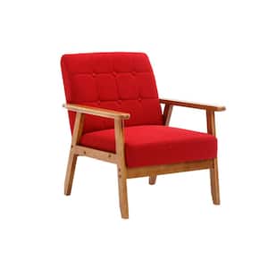 Mid-Century Upholstered Red Fabric Accent Arm Chair with Solid Wood Frame