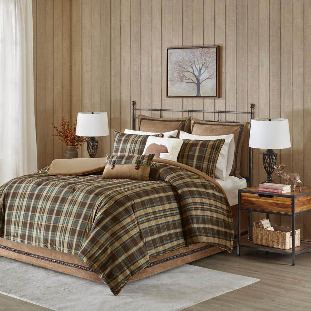 Queen Brown Microfiber Down Alternative Comforter Set with Plaid Design