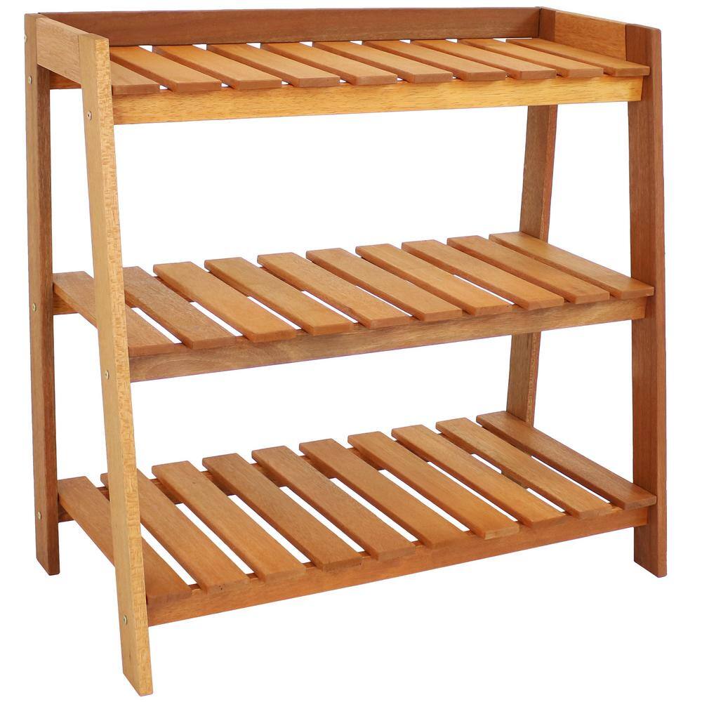 Brown Meranti Wood 3-Tier Outdoor Garden Shelf with Teak Oil Finish