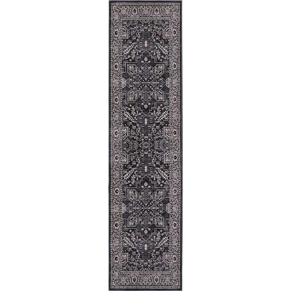 Eleanor Vintage Medallion Border Machine-Washable Dark Gray/Multi 2 ft. x 8 ft. Runner Rug