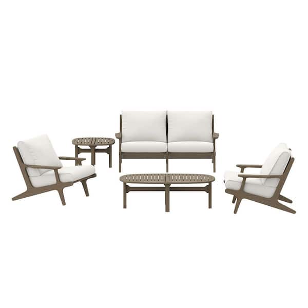 Saratoga 5-Piece Outdoor Patio Teak Wood Furniture Set in Weathered Gray White