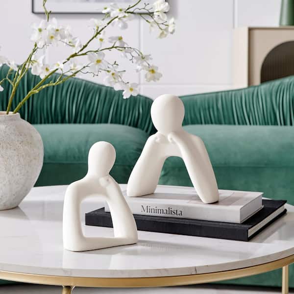 DANYA B Hans Tanka Cream Abstract 2-Piece Thinking Couple Decorative Accent Matte Ceramic Sculpture Figure Set