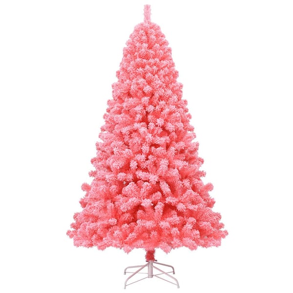 Costway 7.5 ft. Pink Snow Flocked Hinged Artificial Christmas Tree with Metal Stand