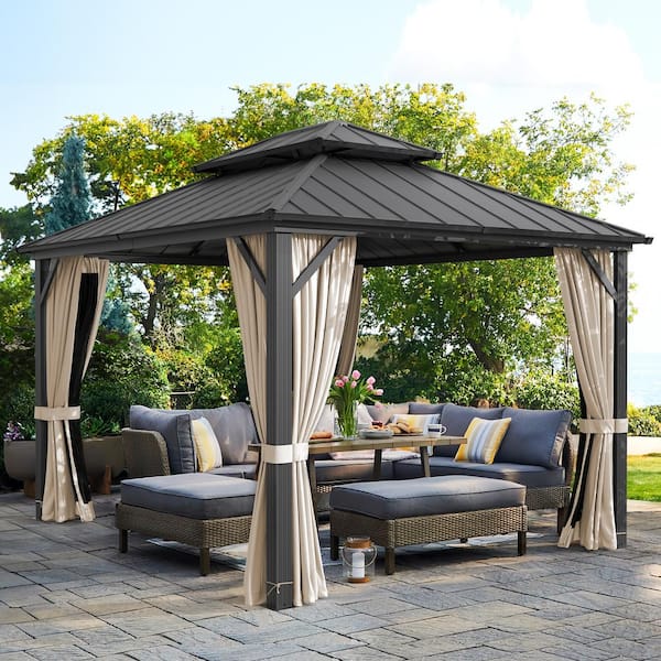 LUE BONA Hampton 10 ft. x 12 ft. Black Hardtop Aluminum Outdoor Gazebo ...