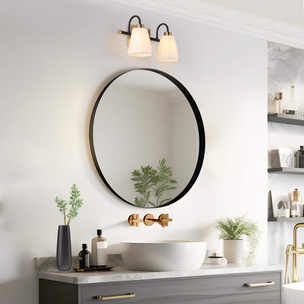 Jacarmellia Matte Black 2-Light Mid-Century Vanity with Fabric Shades