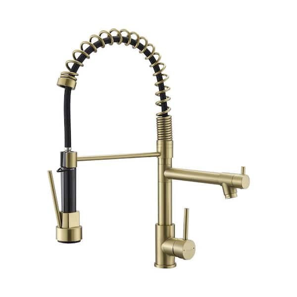 Single Handle Pull Down Sprayer Kitchen Faucet with Advanced Spray Commercial Stainless Steel Sink Taps in Brushed Gold