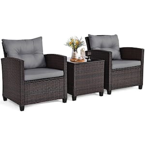 3-Piece Rattan Wicker Patio Conversation Set Sofa Coffee Table with Gray Cushions