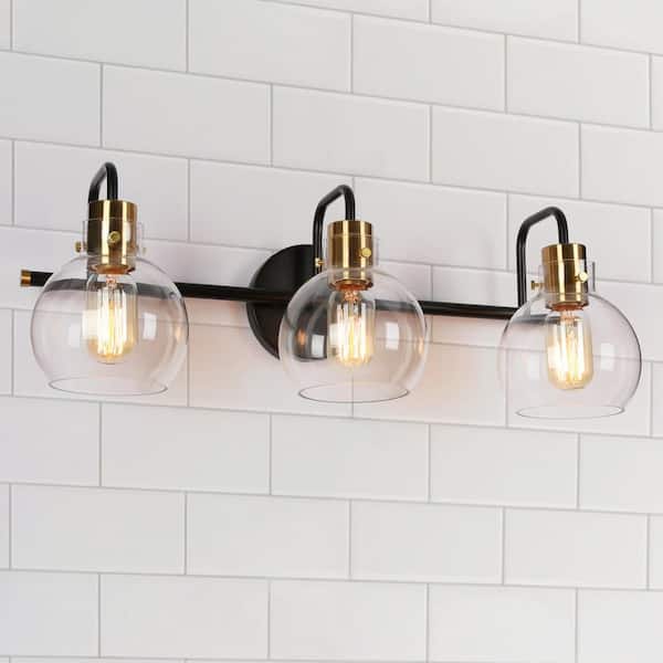 Modern 23 in. 3-Light Black Vanity Light, DIY Polished Brass Bath Light, Classic Globe Clear Glass Bathroom Wall Sconce