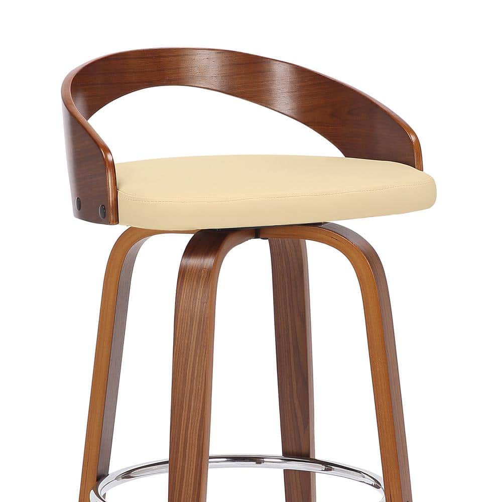 Cream Faux Leather and Walnut Wood Swivel Bar Stool, 30"