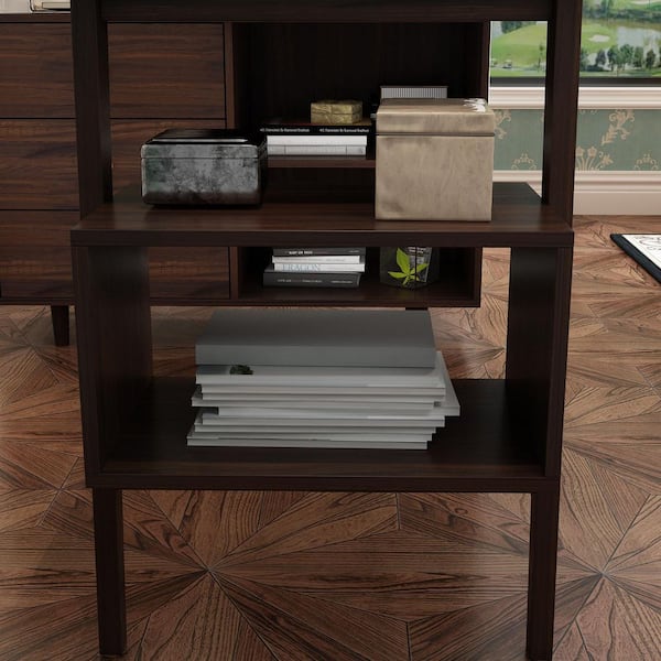 FUFU&GAGA 55.1 in. Width L-Shaped Brown Wooden 3-Drawer Commercial Desk, Computer Desk, Writing Desk with Shelves Storage