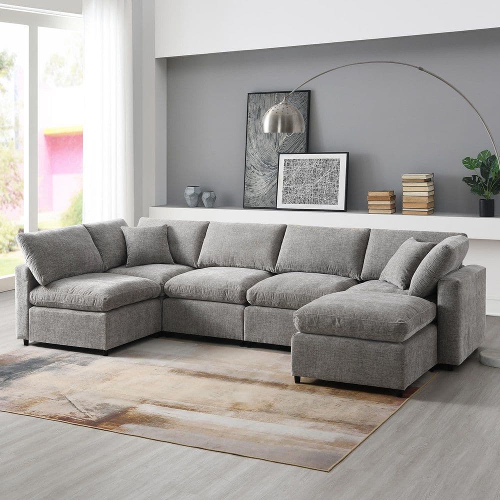 Noble House Gretchen 130 in. Armrest 6-Piece U Shaped Chenille Modern ...