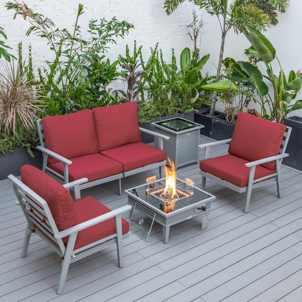 Leisuremod Walbrooke Grey 5-Piece Aluminum Square Patio Fire Pit Set with Red Cushions, Slats Design and Tank Holder
