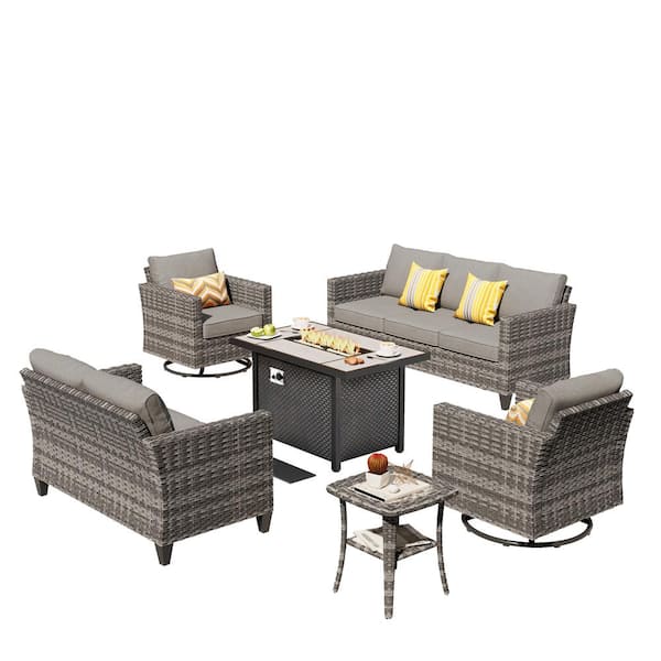 Jupiter 6-Pcs Wicker Outdoor Patio Fire Pit Seating Sofa Set and with Dark Gray Cushions and Swivel Rocking