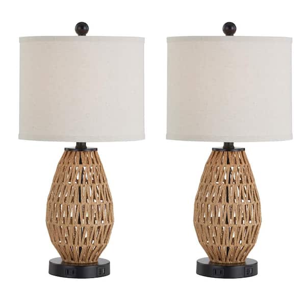 Cinkeda Adone 23 in. H Brown Touch Control Rattan Table Lamp with USB Ports and AC Outlets