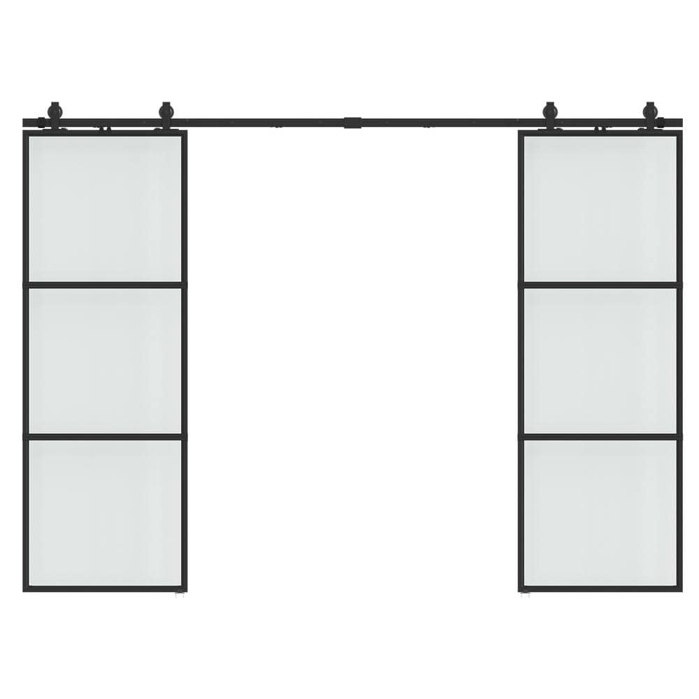 64 in. x 84 in. Full-lite Frosted Glass Black Metal Frame Double Sliding Ba