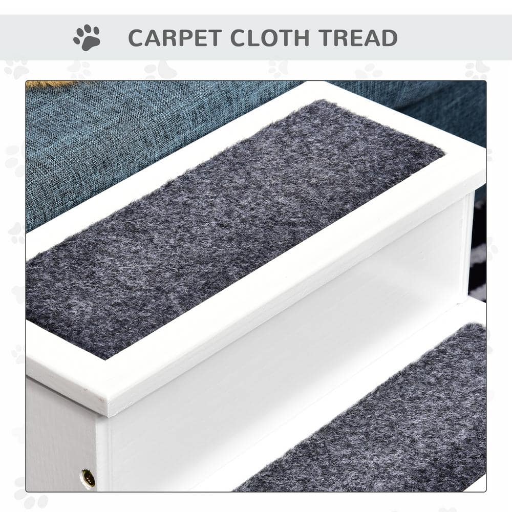 White Wooden 3-Step Pet Stairs with Carpet and Storage