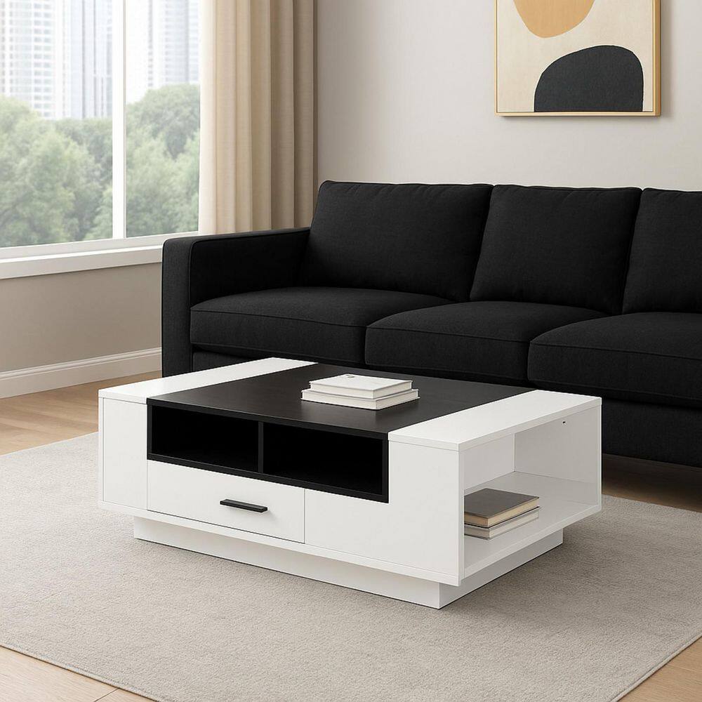 47 in. White and Black/White Rectangle Wood Top Coffee Table