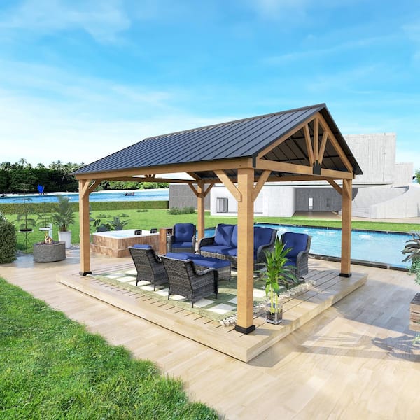 JOYSIDE 15 ft. x 13 ft. Outdoor Patio Solid Cedar Wood Hardtop Gazebo with Black Galvanized Steel Roof and Ceiling Hook