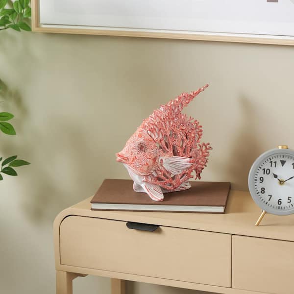 Litton Lane 10 in. x 11 in. Red Polystone Textured Fish Sculpture with White Fins