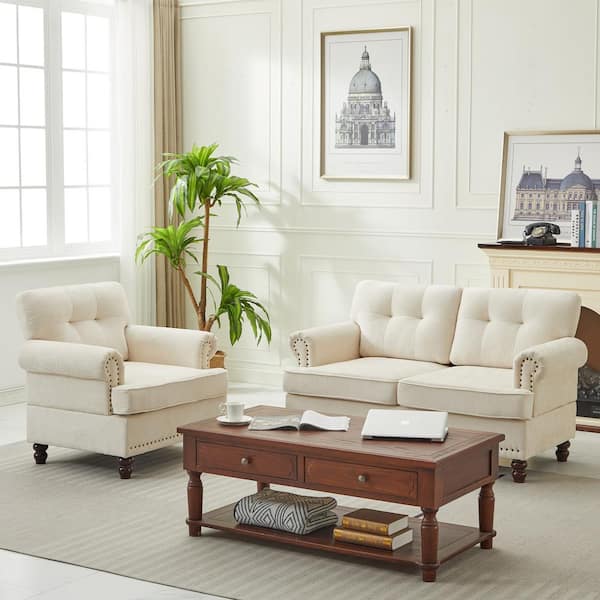 JEAREY Modern 2-Piece Beige Polyester Nailhead Trim Flared Arm Tufted Back Sofa Set Chair and Loveseat Sofa Living Room Set