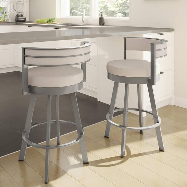 Amisco Browser 26 In Cream Faux, Metal And Leather Swivel Counter Stools