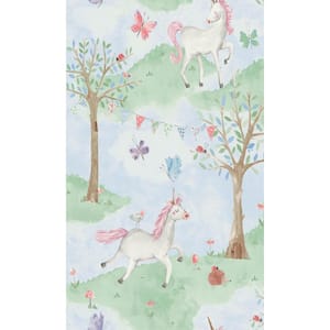 Multi-Color Light Green Unicorn Butterflies Tropical Kid Shelf Liner Non-Woven Pasted Wallpaper (57 sq. ft. Double Roll)