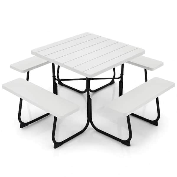 5-Piece White Metal Outdoor Dining Picnic Table Set with 4 Benches and Umbrella Hole