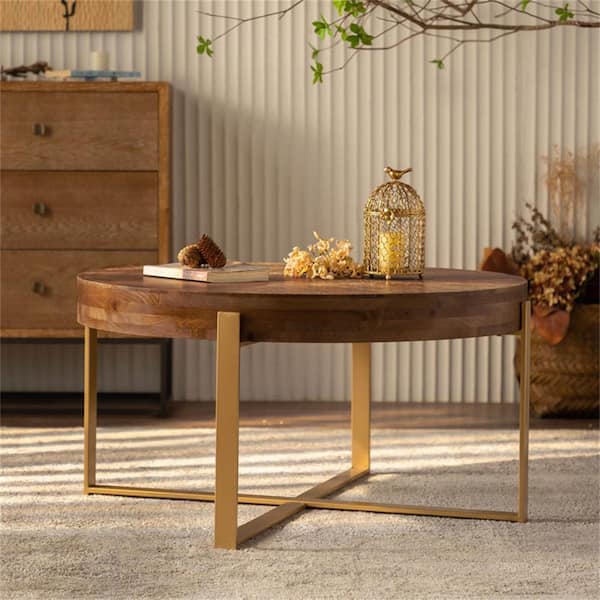 Boyel Living 31.29 in. Round Other Wood Fir Wood Coffee Table with Gold Cross Legs Base