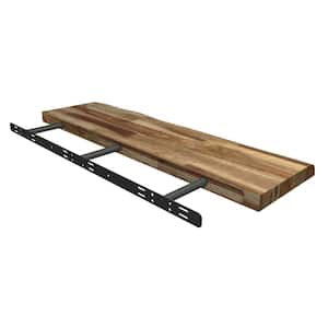Solid 2.9 ft. L x 10 in. D x 1.5 in. T, Acacia Butcher Block Floating Wall Shelf, Brown with Live Edge