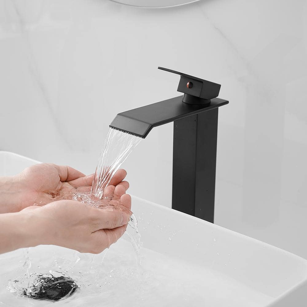 Matte Black Tall Waterfall Vessel Sink Faucet with Pop-Up Drain