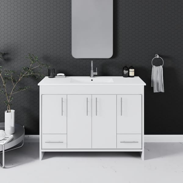 VOLPA USA AMERICAN CRAFTED VANITIES Pacific 48 in. W x 18 in. D x 34 in. H Bath Vanity in Glossy White with White Ceramic Vanity Top with White Basin