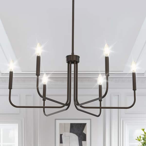 28 in. 6-Light Oil Rubbed Bronze Farmhouse Chandelier, Rustic Candle Ceiling Light, Adjustable Height for Dining Room