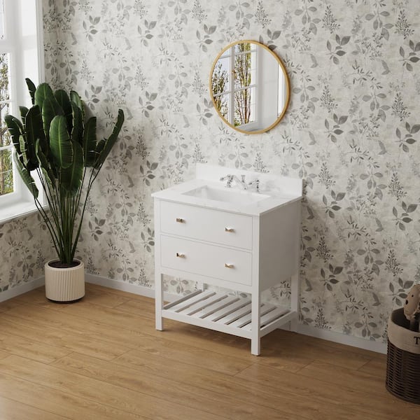 KINWELL 30 in. W x 19 in. D x 34 in. H Bathroom Vanity in White with White Marble Top and Single Sink