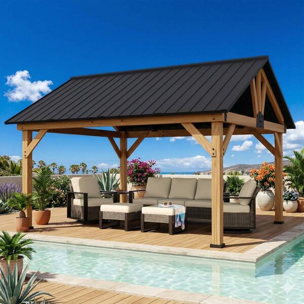 JOYSIDE 13 ft. x 11 ft. Cedar Wood Outdoor Patio Hardtop Gazebo