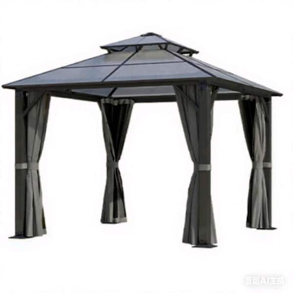10 ft. x 10 ft. Patio Hardtop Gazebo Outdoor Double Polycarbonate Roof Steel Frame Gazebos with Netting & Curtains