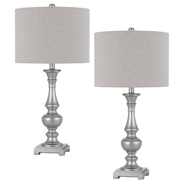 CAL Lighting Nampa 28 in. H Resin Antique Silver Resin Table Lamp Set with Coordinating Shades and Finials (Set of 2)