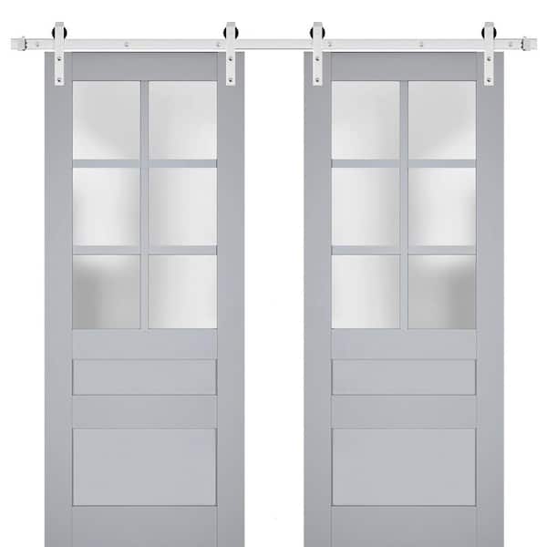 Sartodoors 28 in. x 80 in. 2 Panel Frosted Glass Matte Grey Solid Wood Sliding Barn Door with Hardware Kit