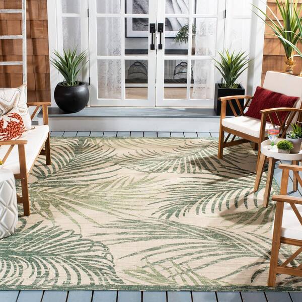 Courtyard Beige/Green 10 ft. x 14 ft. Border Palm Leaf Indoor/Outdoor Area Rug