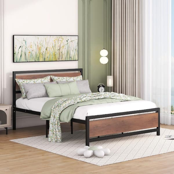 Harper & Bright Designs Black Metal Frame Queen Size Platform Bed with Wood Headboard and Footboard, Extra Slat Support