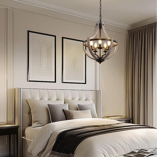 Modern Geometric 5-Light Chandelier, Black and Dark Wood Finish, Industrial Hanging Light Fixture for Dining Table