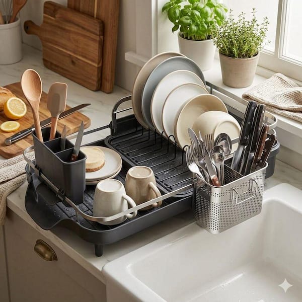 Black Stainless Steel Dish Drying Rack with Drainboard, Expandable Design and Utensil Holder for Kitchen Counter