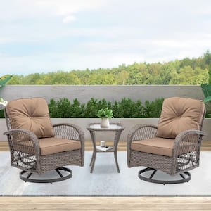 Chic Courtyard Gray 3-Piece Wicker Outdoor Bistro Set with Khaki Cushions and 360° Rocking Chair, Tempered Glass Table