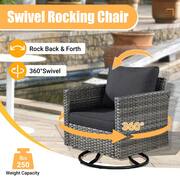 Sanibel Gray 10-Piece Wicker Patio Conversation Sofa Set with a Swivel Chair, a Metal Fire Pit and Black Cushions