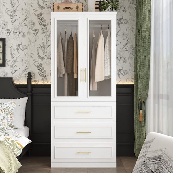 FUFU&GAGA White Wood 31.7 in. W 2-Door Wardrobe Armoires with Hanging Rod, 3-Drawers, 74.8 in. H x 19.3 in. D