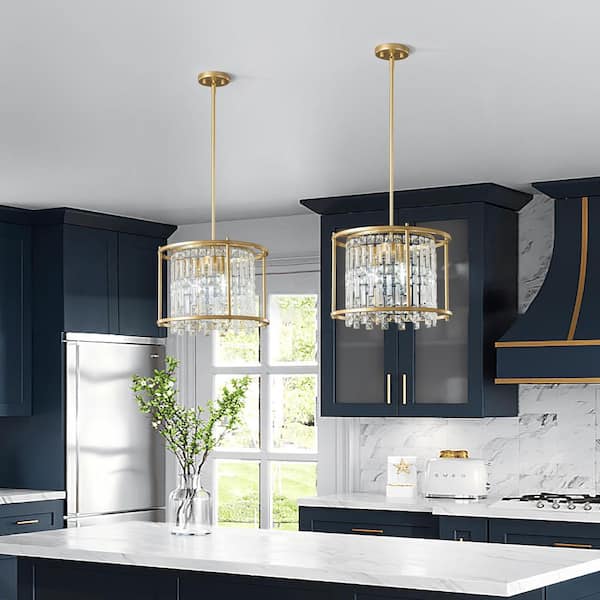 Home Lighting 15.74in. 3-Light Gold Round Crystal Pendant For Kitchen Island, Dining Room, Flat/Sloped Ceiling