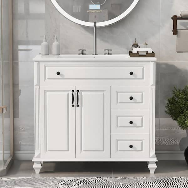 36 in. Freestanding White Bath Vanity with White Ceramic Top 3-Drawers, 2 Soft-Close Doors