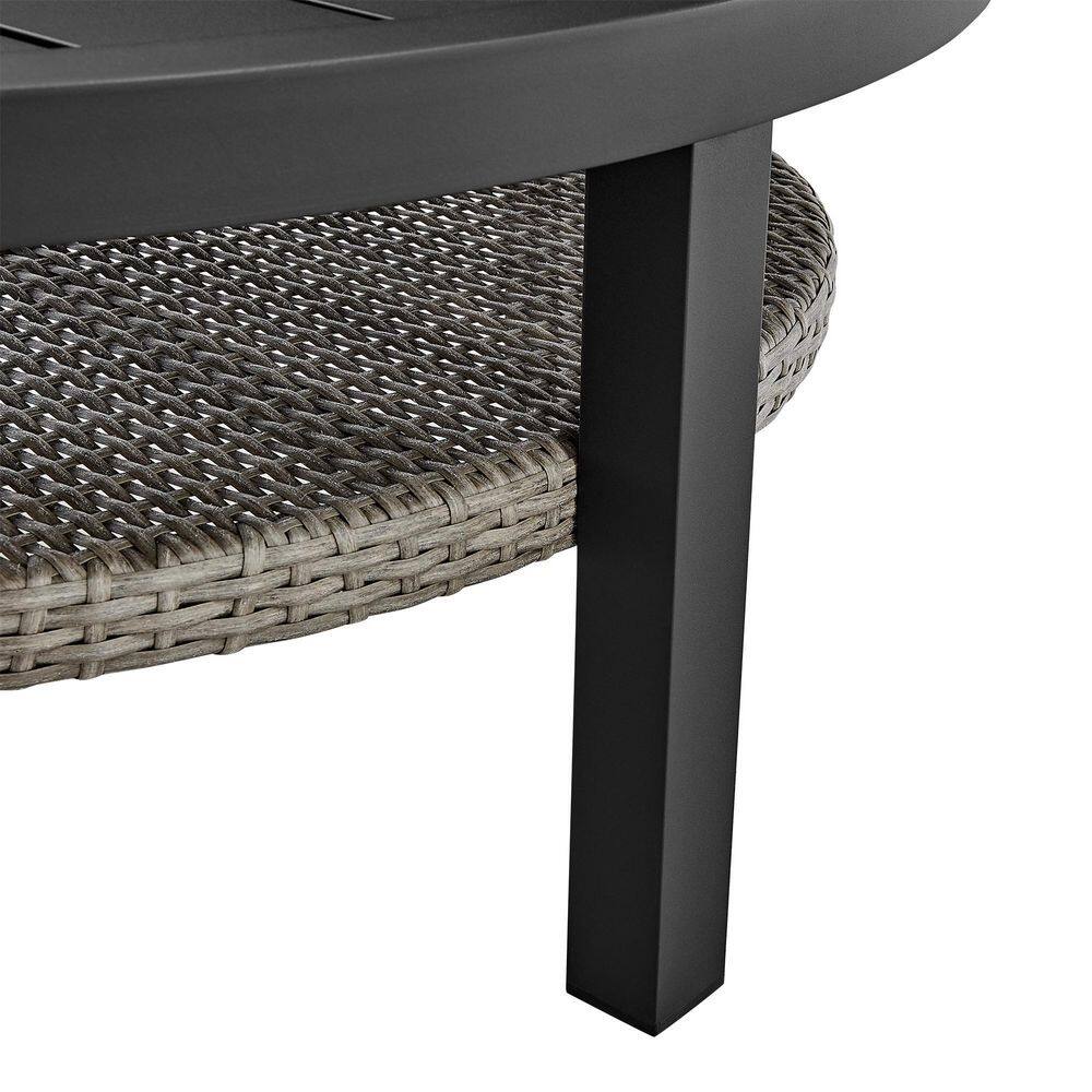 Aileen Black Aluminum Round Outdoor Coffee Table with Grey Wicker Shelf