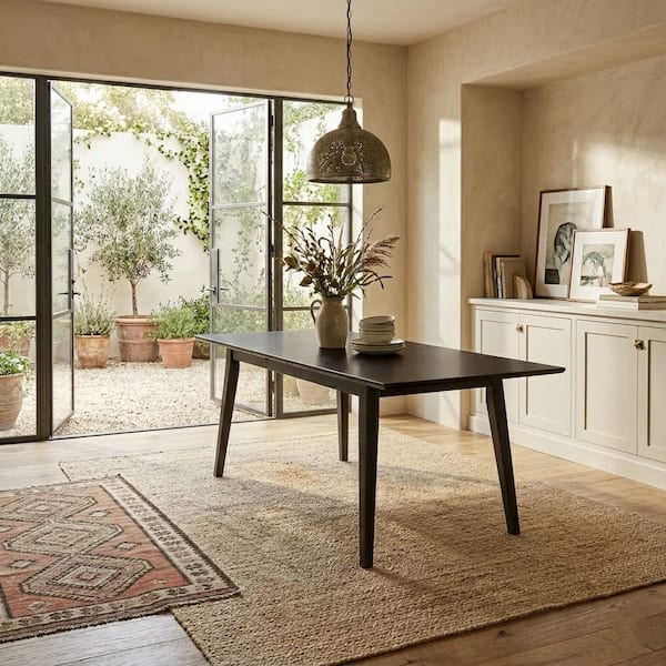 Aurora Mid Century Modern Black Solid Wood 60 in. Flair 4 Leg Dining Table Seats 6