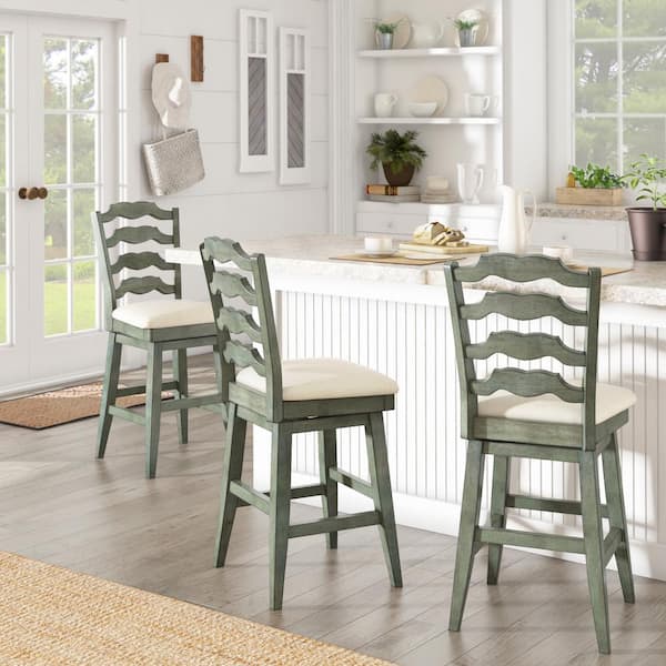 24 in. H Antique Sage French Ladder Back Swivel Chair with Beige Linen Seat