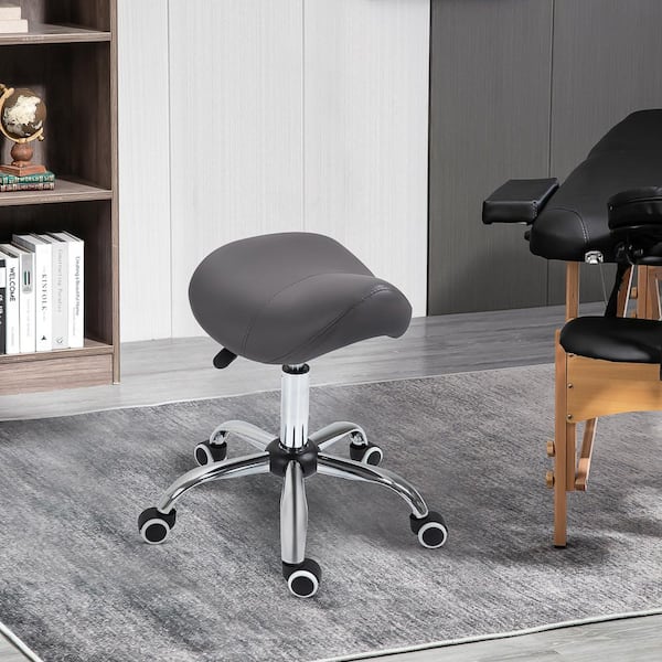 Ergonomic Grey Rolling Saddle Stool PU Leather Hydraulic Spa Stool Height Adjustable Swivel Drafting Medical Salon Chair